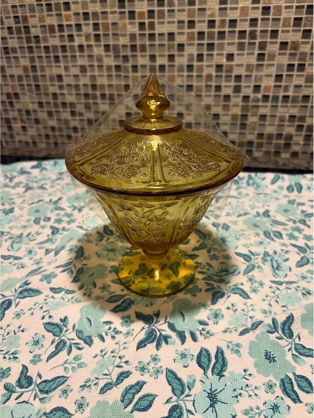Depression Glass Cabbage Rose Yellow Candy Dish